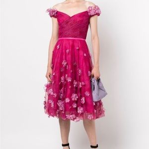 marchesa notte off shoulder floral midi dress